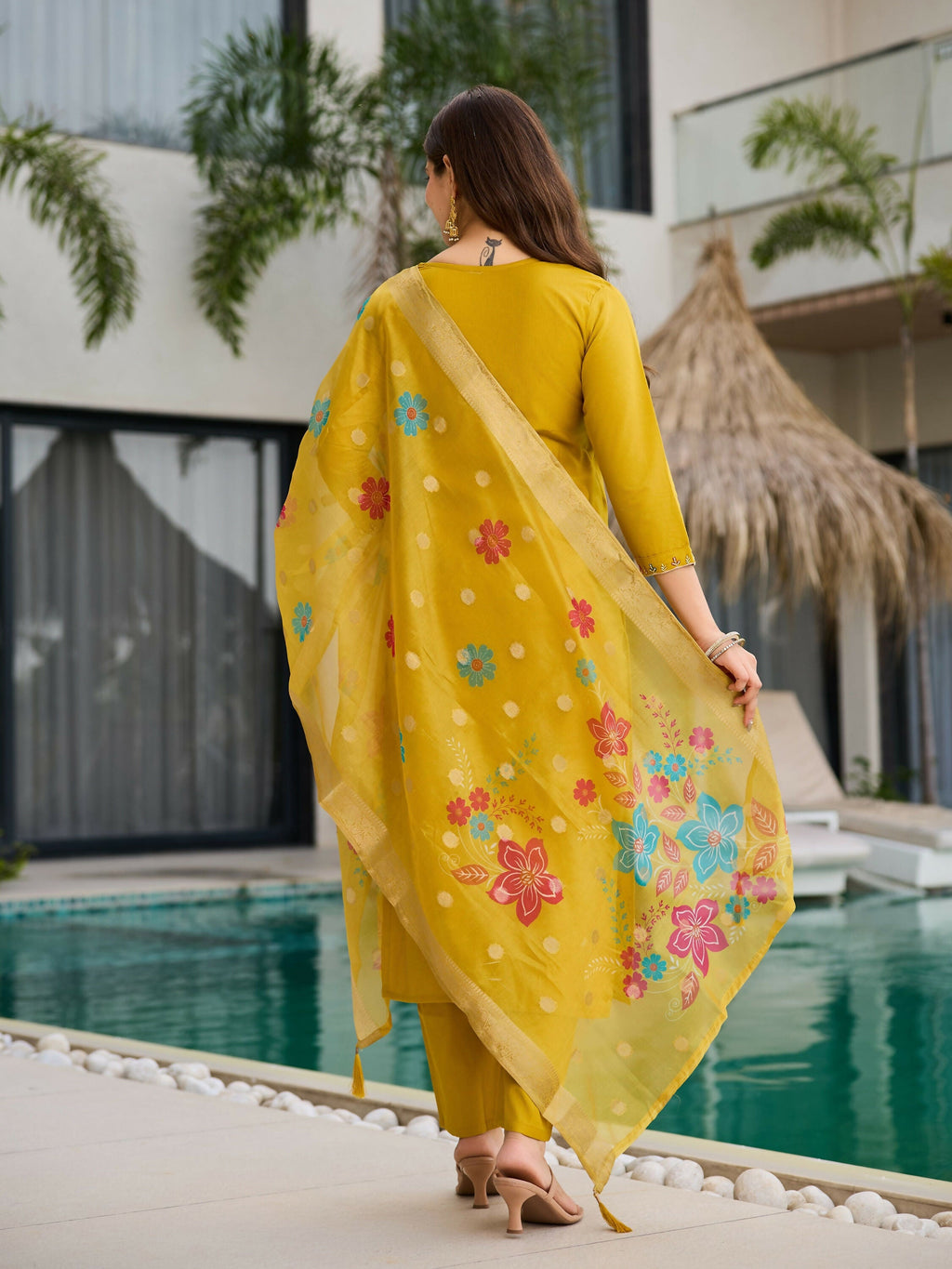 The52 Yellow Women's Gorgeous Embroidered work Viscose Gadhwal Fabric Straight Kurta, Pant and Dupatta Set