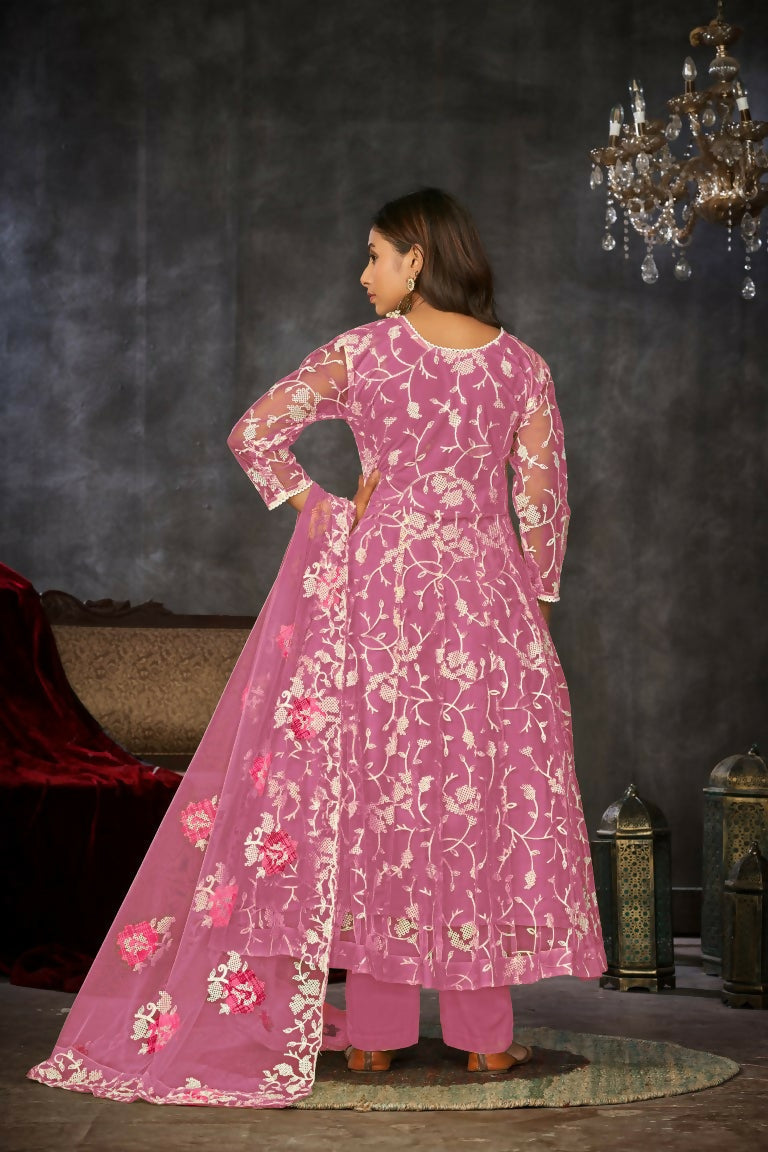 Jyoti Fashion Women's Pink Net Embroidered Anarkali Kurta Pant Set With Dupatta