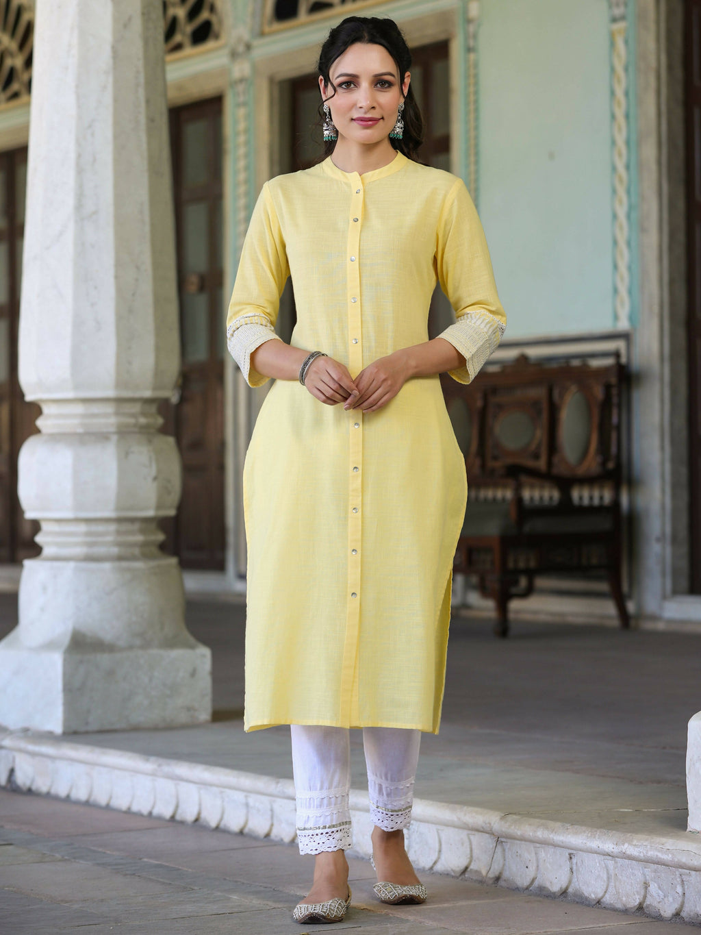 Juniper Women's Yellow Cotton Slub Embroidered Straight Kurta