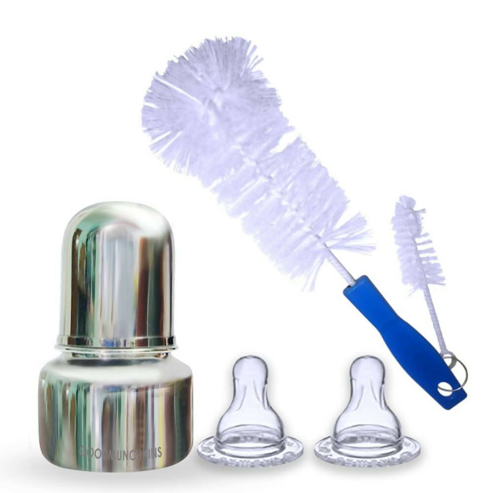 Goodmunchkins Stainless Steel Feeding Bottle with Anti Colic Silicone Nipple/Bottle Cleaning Nylon Brush (75ml, Blue)