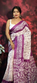 Exclusive Collection Beautiful Batique Print Magenta Pure Cotton Hand Print Handloom Saree With Running Blouse Piece