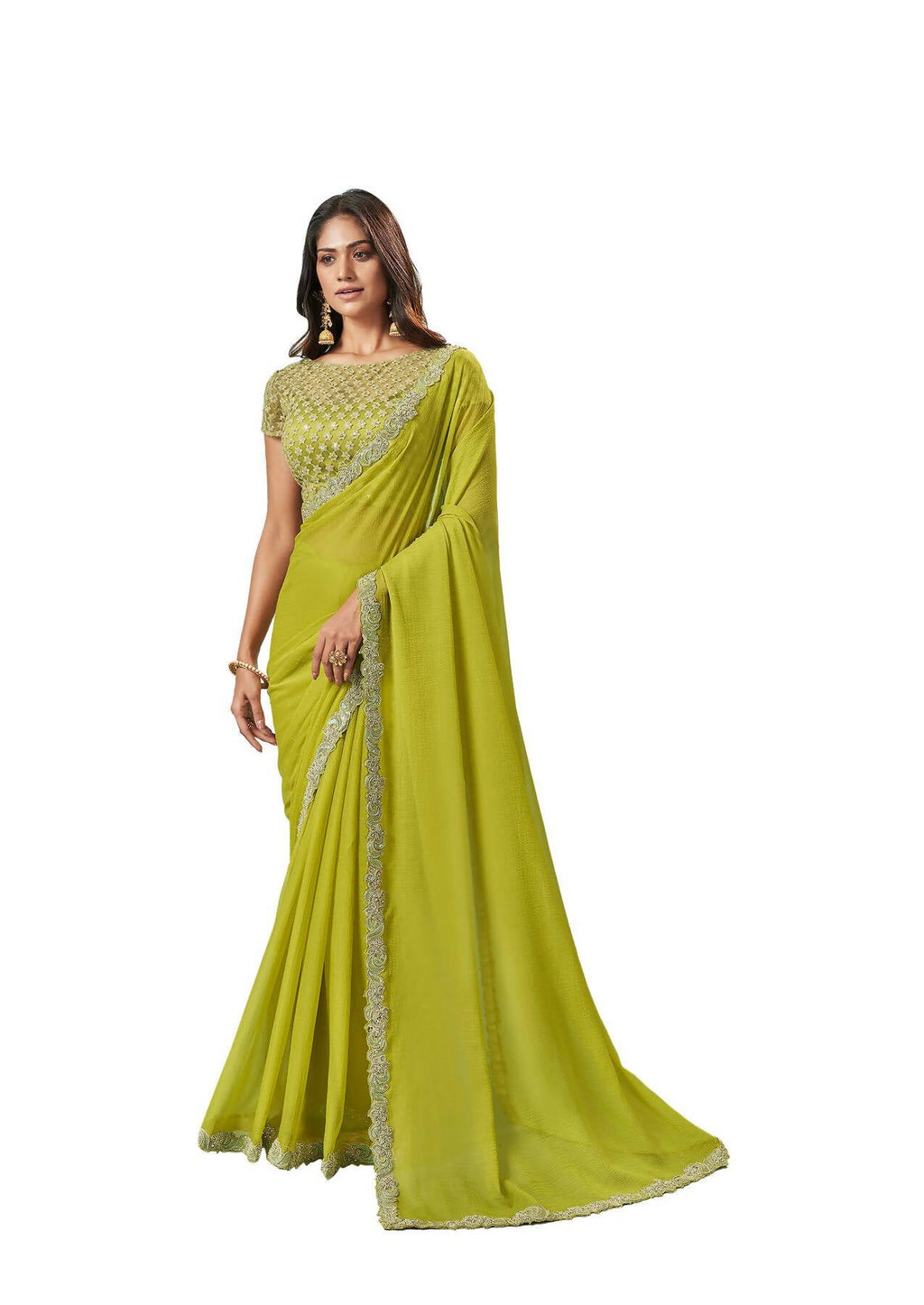 Green Barbarie Chiffon Solid Saree With Unstitched Blouse Piece - Norita Ikshita