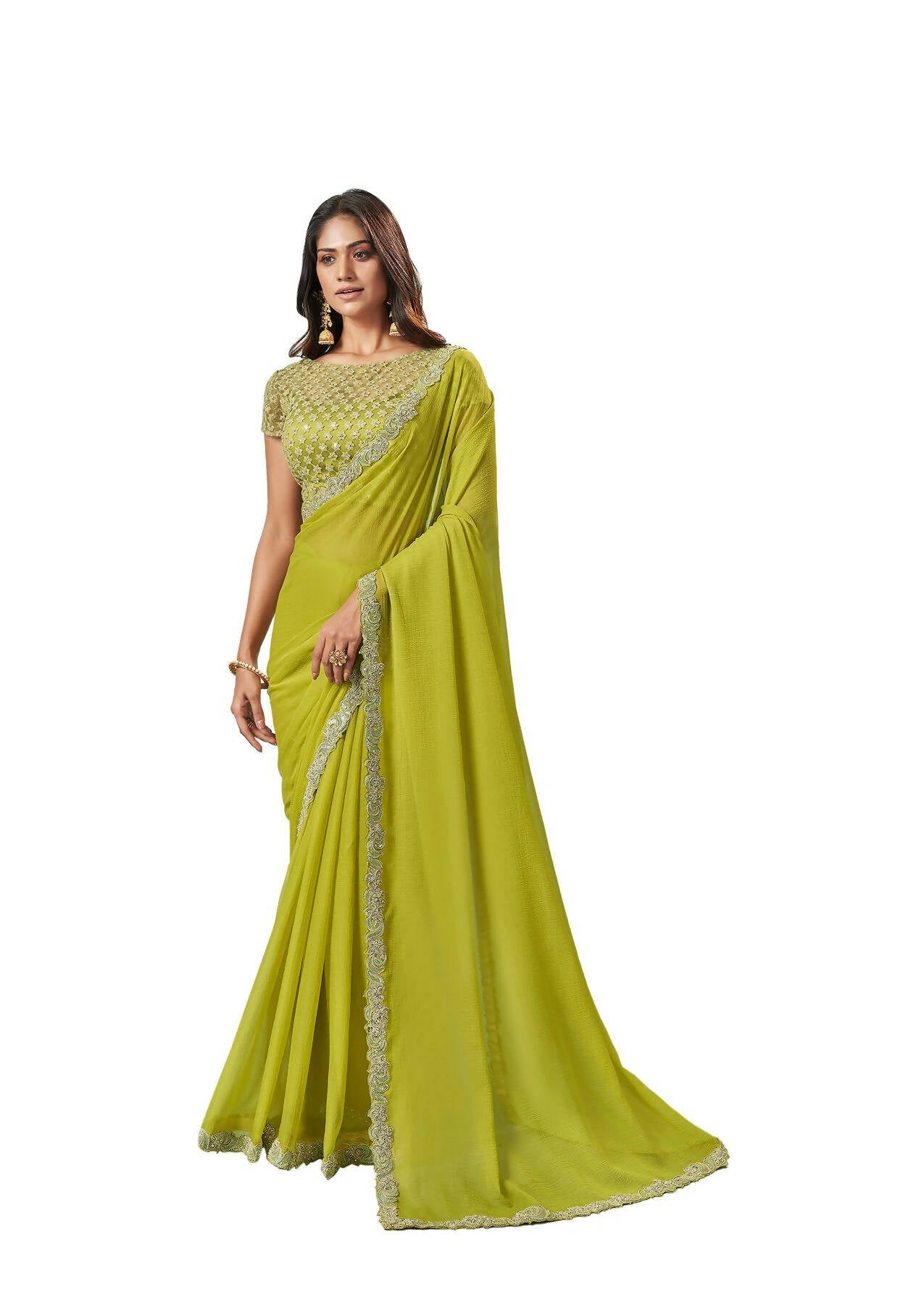 Green Barbarie Chiffon Solid Saree With Unstitched Blouse Piece - Norita Ikshita