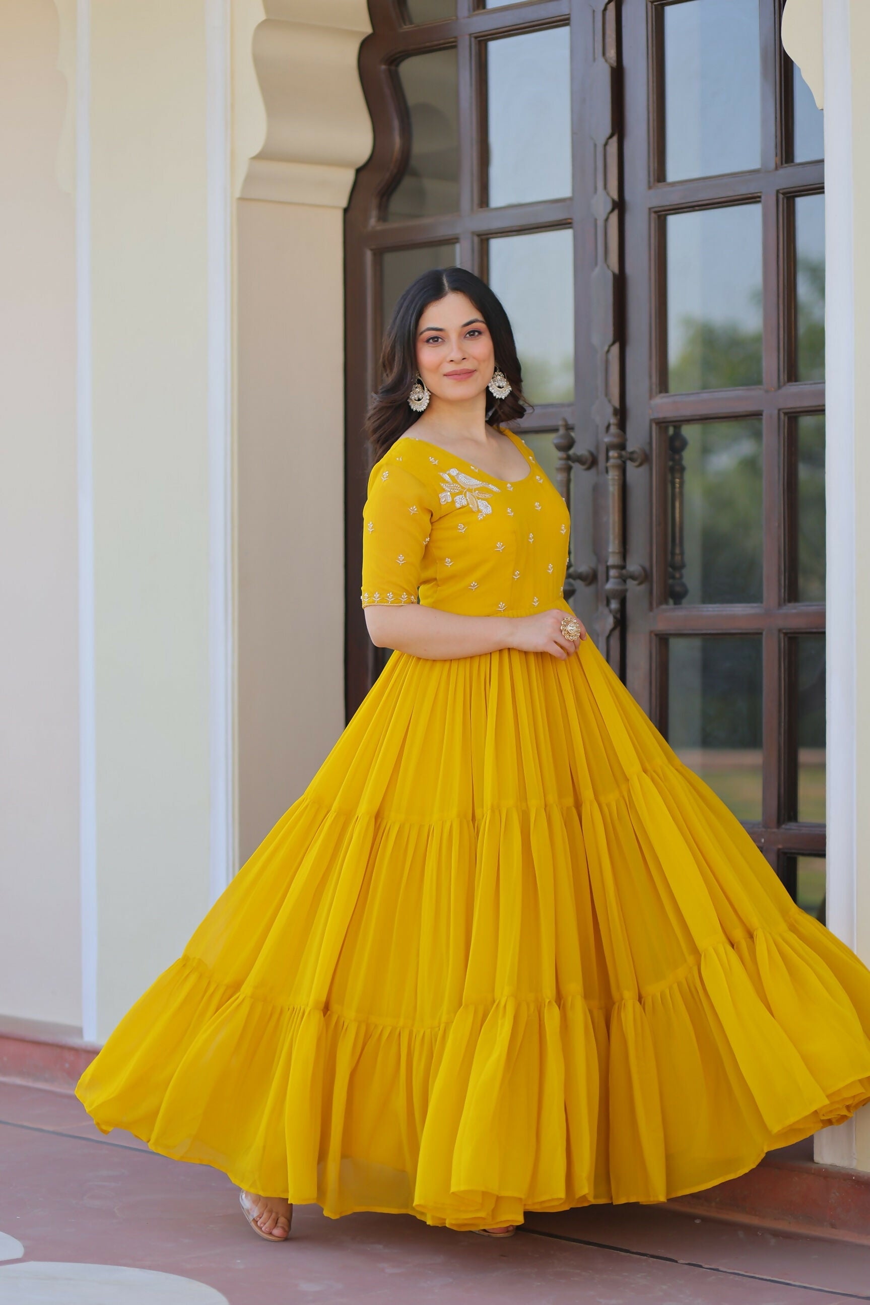 Joban Fashion Yellow Georgette Sequence Embroidery Work Gown