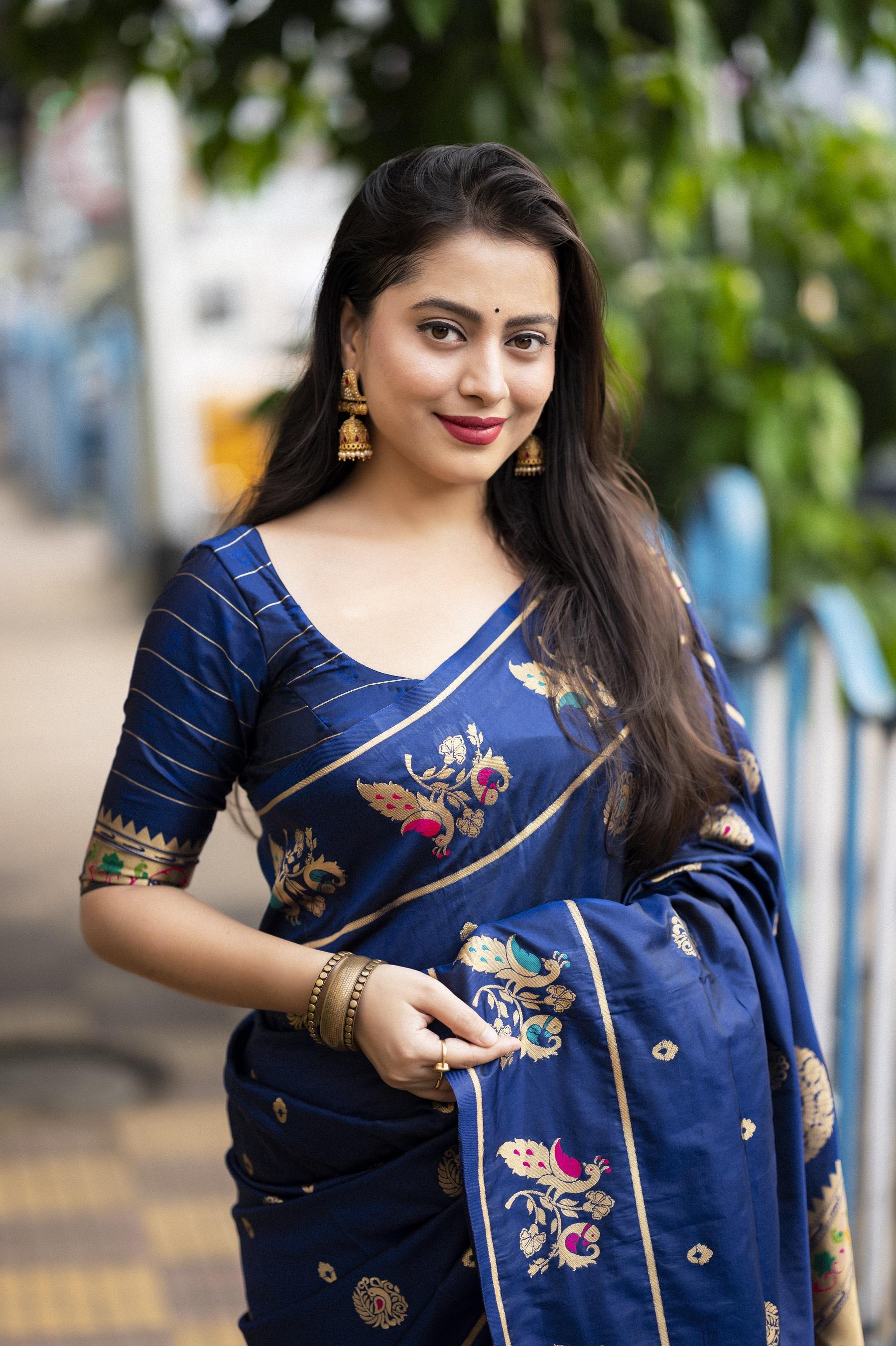 Navy Blue Pure Silk Woven Design Saree with Unstitched Blouse - Hiral Fashion