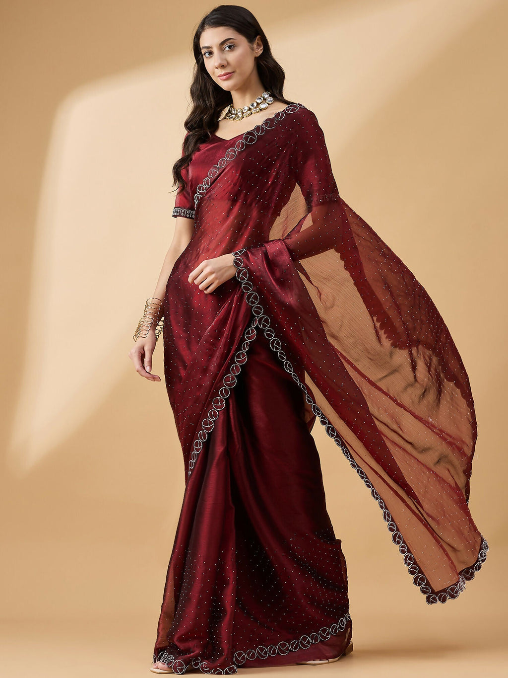 Brown Organza Swaroski Diamond Work Saree with Unstitched Blouse - Radha