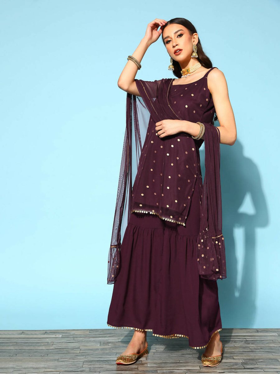 Ahalyaa Women Wine Colour Crepe Gold Printed Kurta Sharara Set