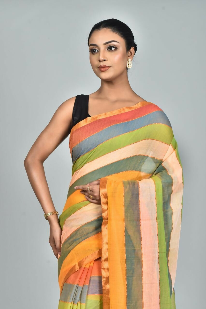Exclusive Collection Beautiful Multi3 Pure Cotton Woven Handloom Saree With Running Blouse Piece