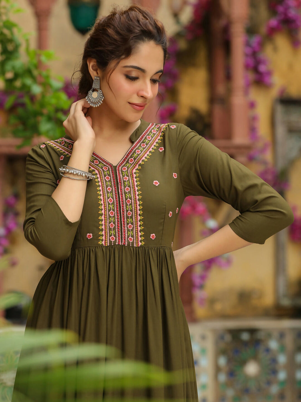 Janasya Olive Rayon Embroidered Kurta & Bottom
