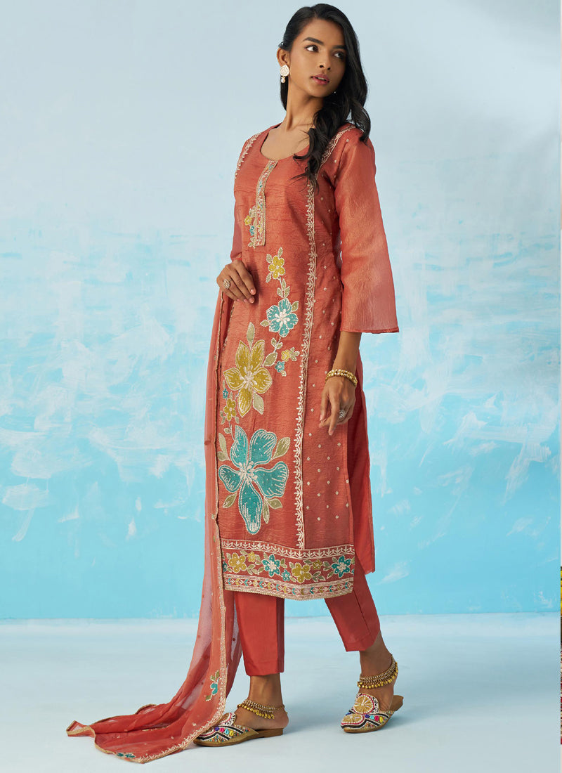 Vegaa Fashion Red Organza Embroidered Party Wear Suit