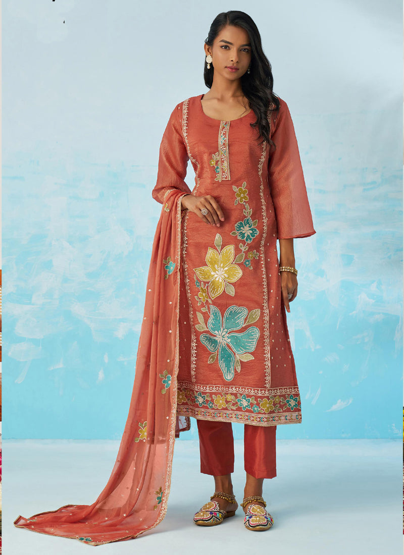 Vegaa Fashion Red Organza Embroidered Party Wear Suit