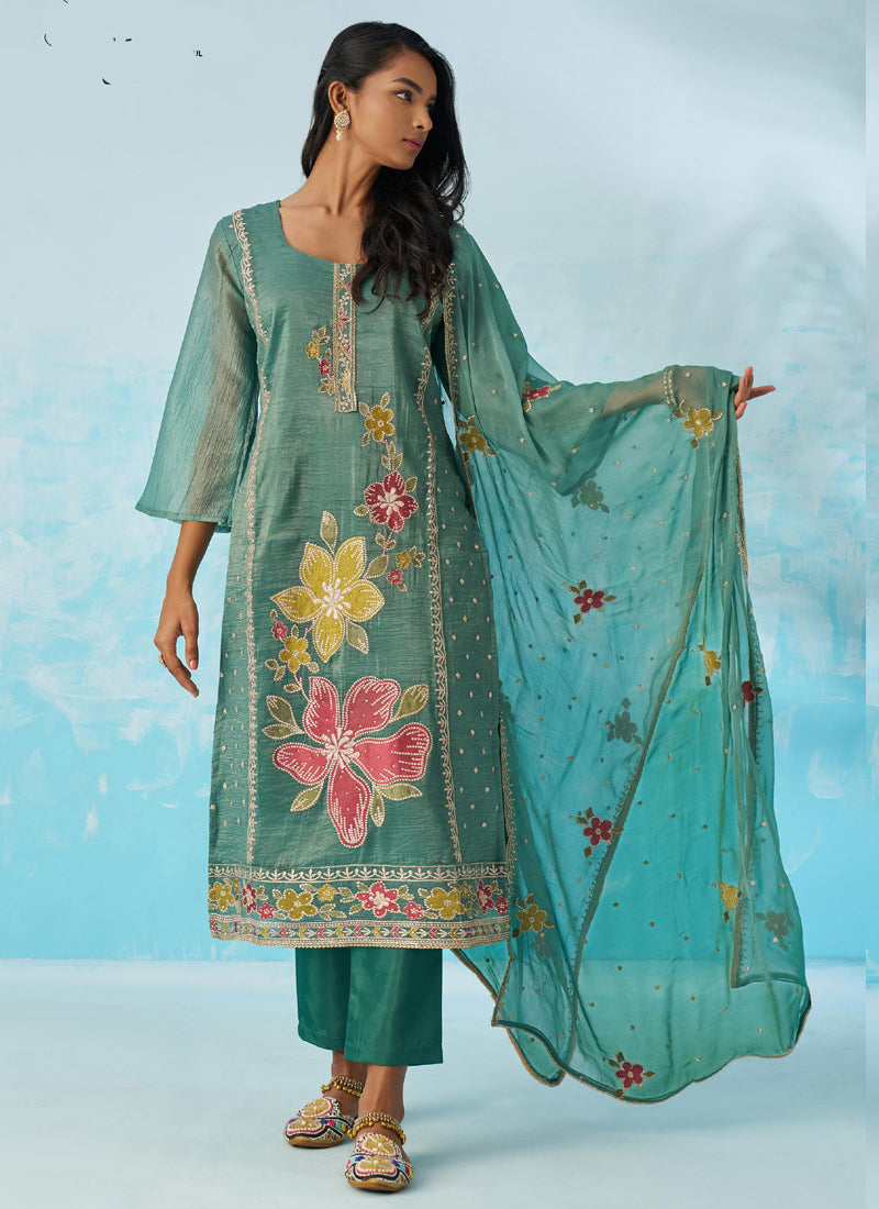 Vegaa Fashion Turquoise Organza Embroidered Party Wear Suit