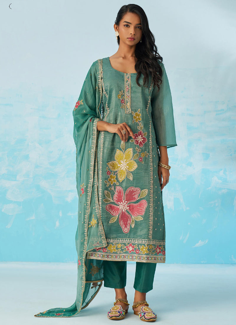 Vegaa Fashion Turquoise Organza Embroidered Party Wear Suit
