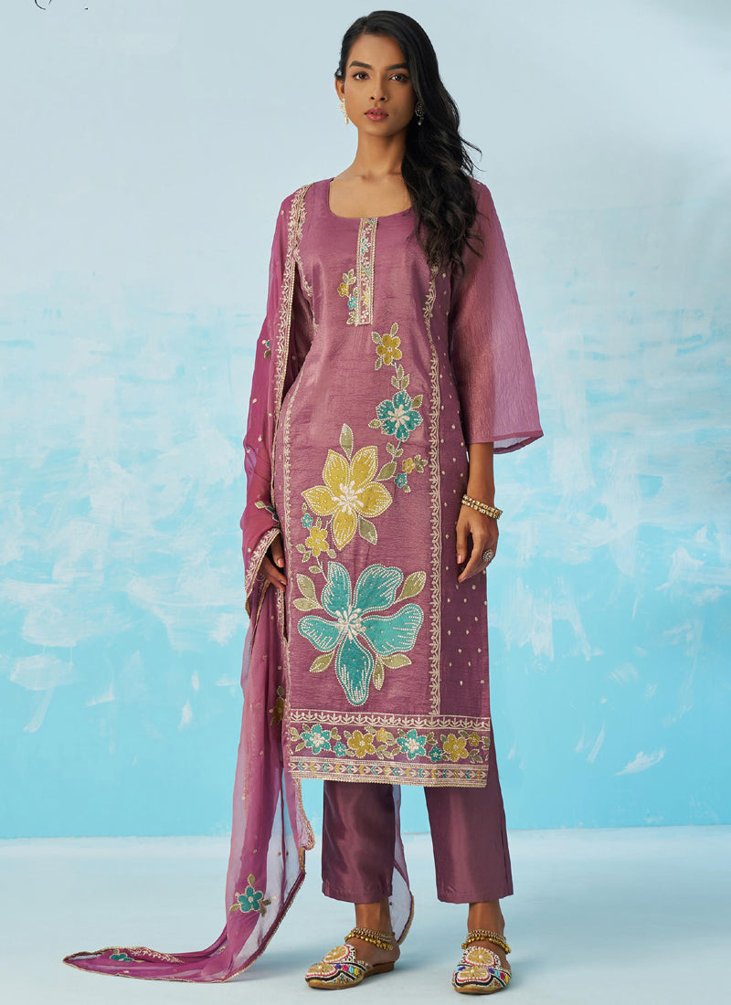 Vegaa Fashion Lavender Organza Embroidered Party Wear Suit