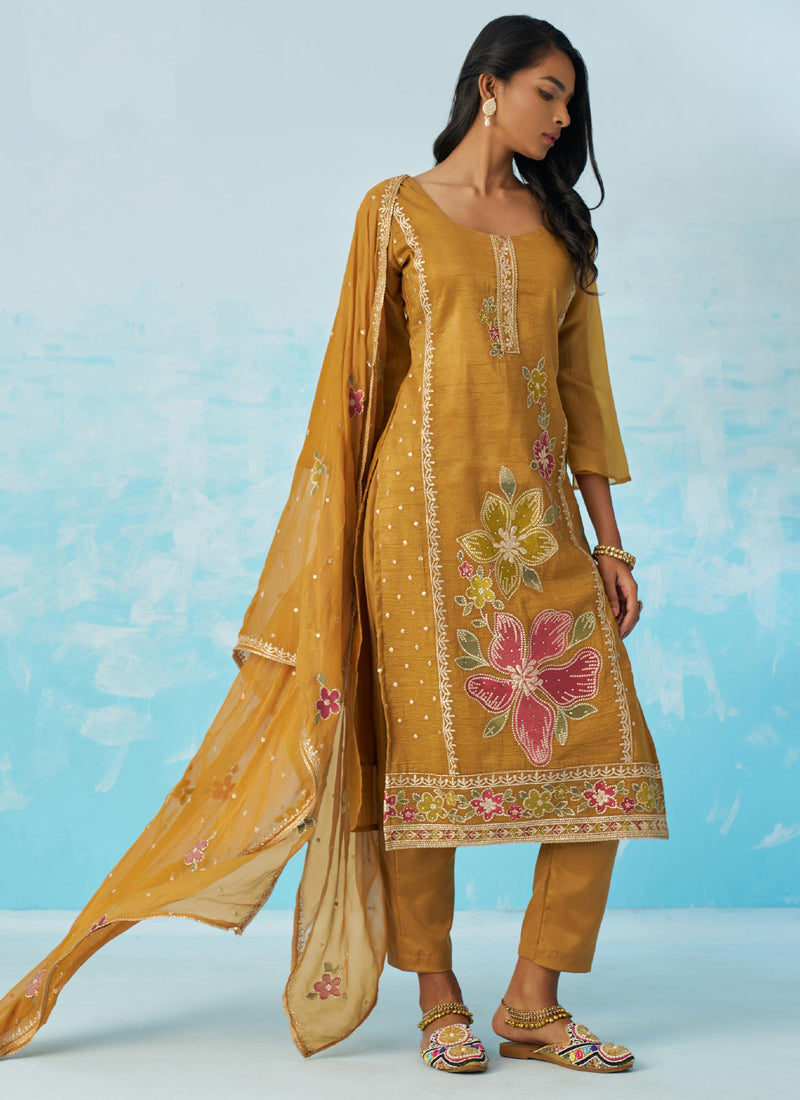 Vegaa Fashion Mustard Organza Embroidered Party Wear Suit