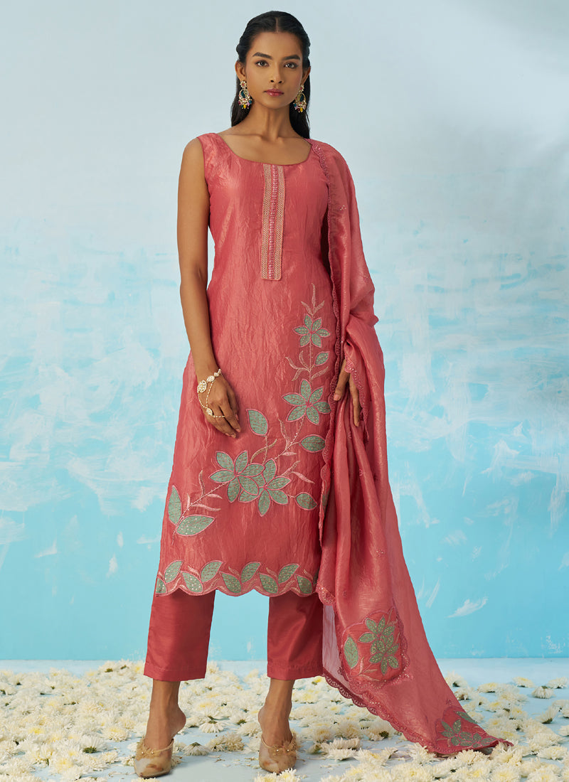 Vegaa Fashion Blush Red Silk Embroidered Designer Salwar Suit