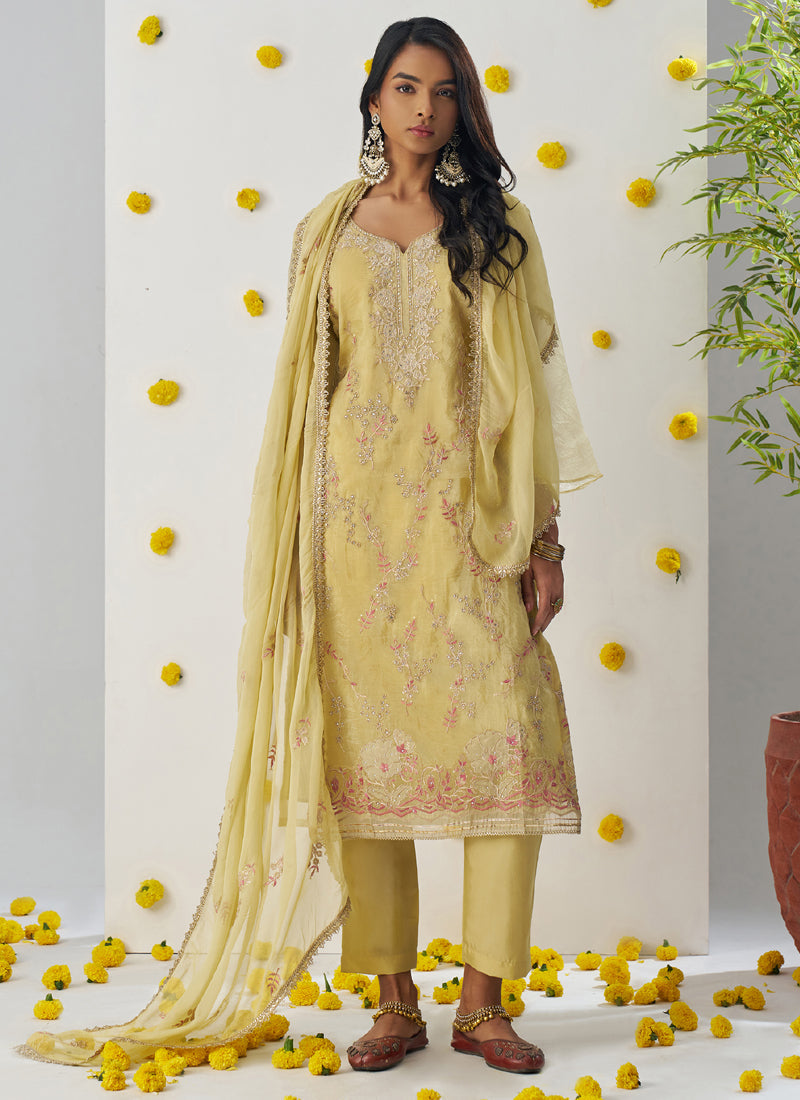 Vegaa Fashion Light Yellow Organza Embroidered Salwar Suit