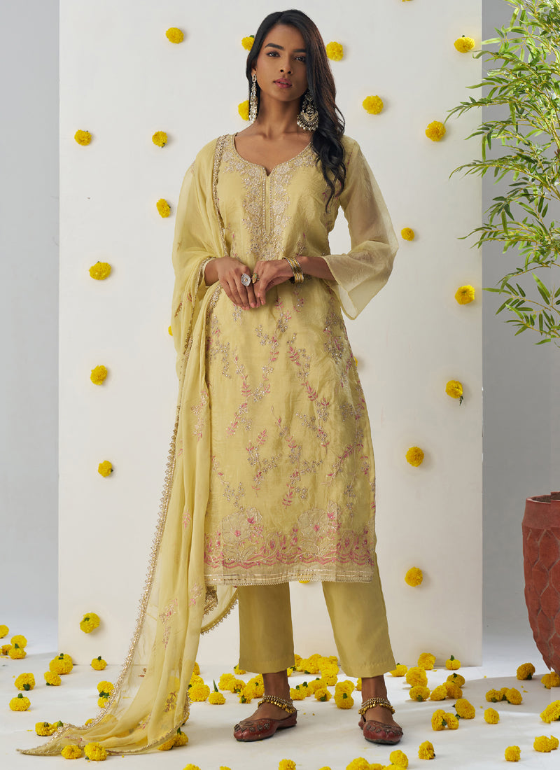 Vegaa Fashion Light Yellow Organza Embroidered Salwar Suit