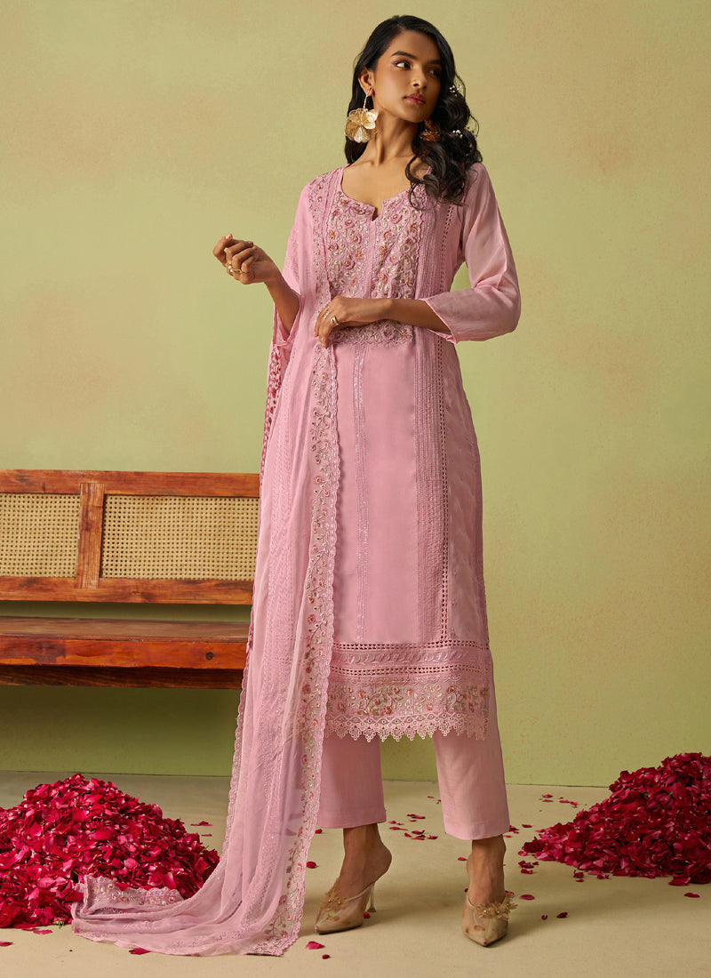 Vegaa Fashion Baby Pink Pure Organza Embroidered Salwar Suit