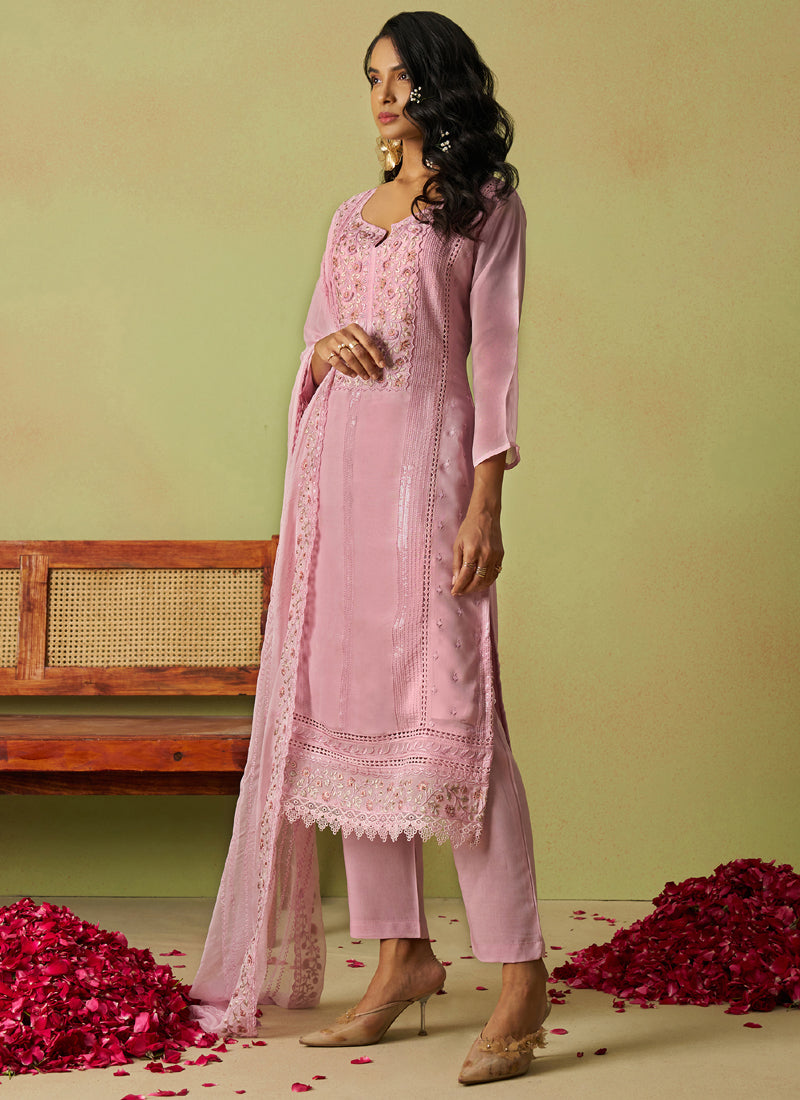 Vegaa Fashion Baby Pink Pure Organza Embroidered Salwar Suit
