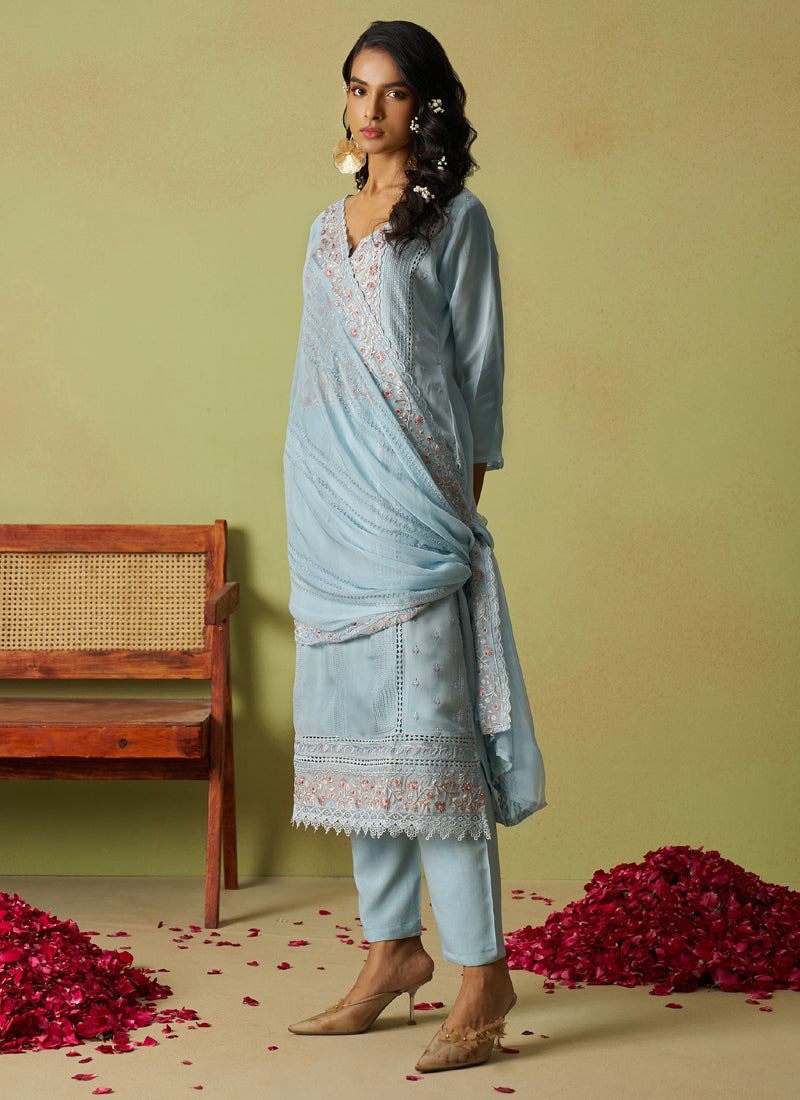 Vegaa Fashion Sky Blue Pure Organza Embroidered Salwar Suit