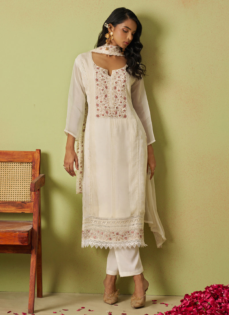 Vegaa Fashion Off White Pure Organza Embroidered Salwar Suit