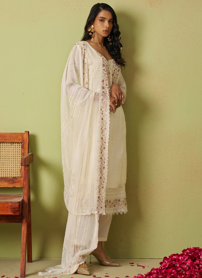 Vegaa Fashion Off White Pure Organza Embroidered Salwar Suit