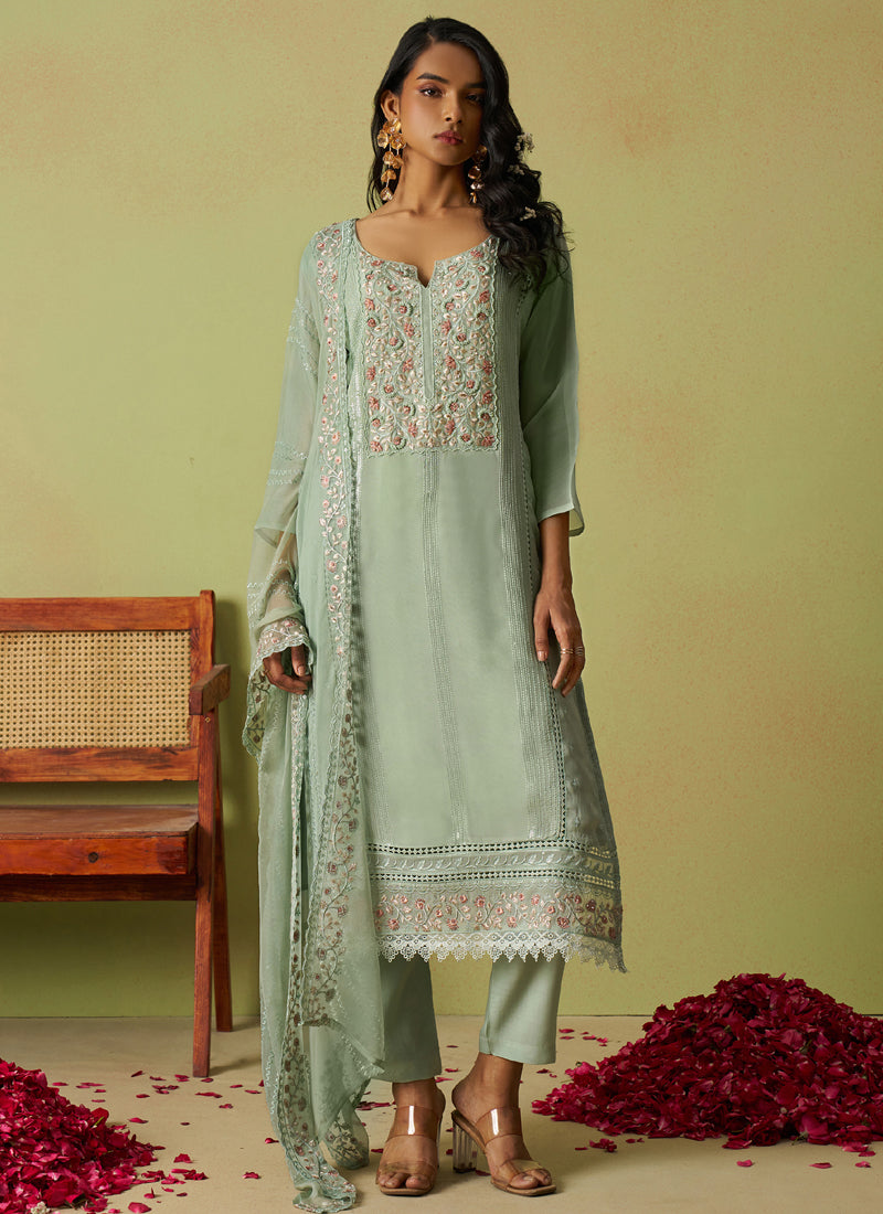Vegaa Fashion Sea Green Pure Organza Embroidered Salwar Suit