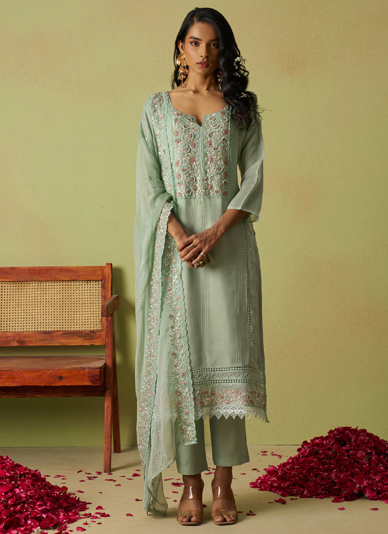 Vegaa Fashion Sea Green Pure Organza Embroidered Salwar Suit
