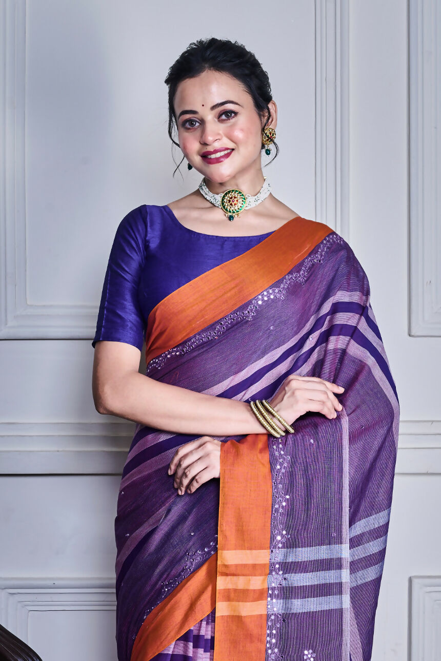 Morchari Purple Cotton Handloom Mirror Work Saree Unstitched Blouse