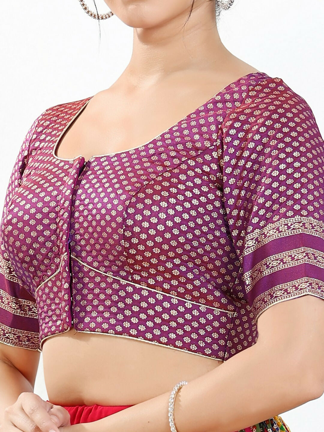 Joban Fashion Purple Brocade Padded Blouse With Round Neck Elbow Sleeves