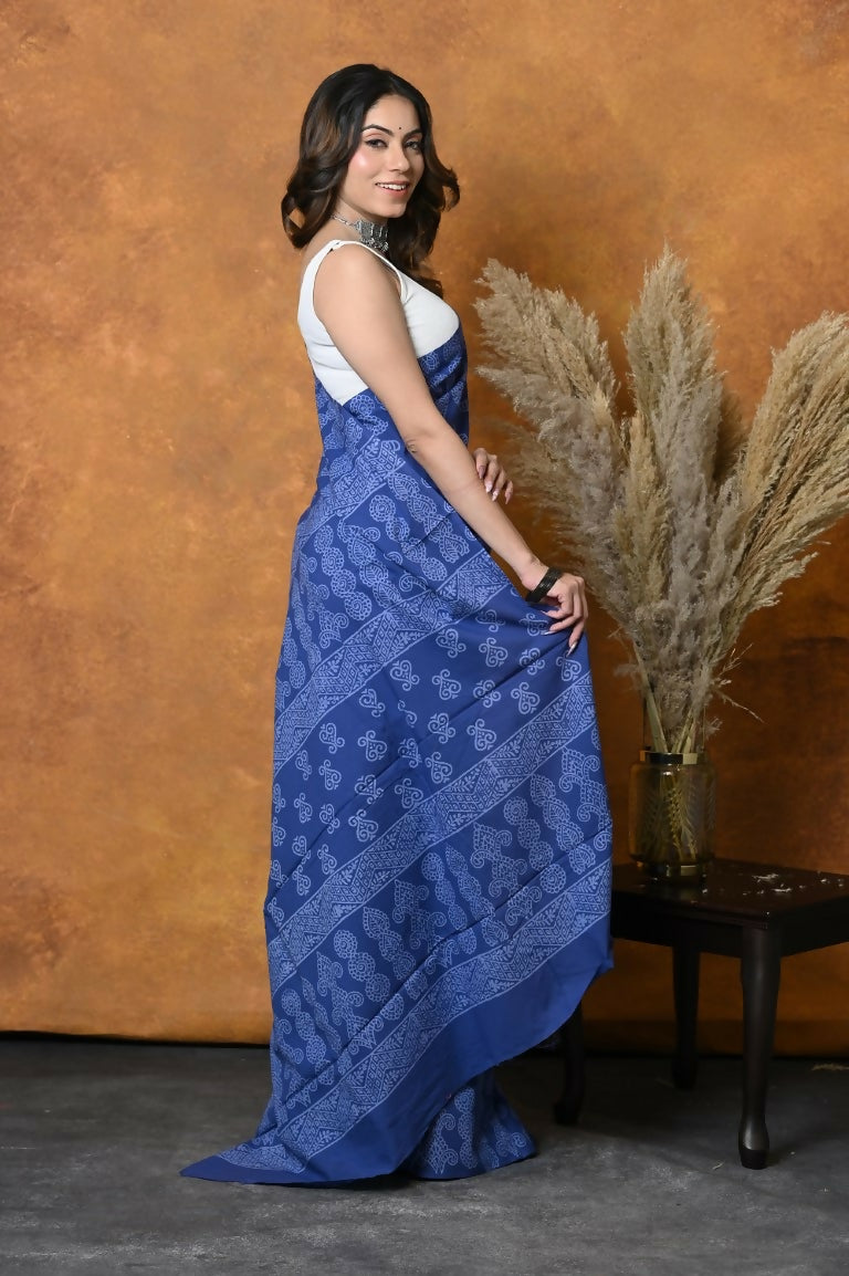 Very Much Indian Handblock Printed Cotton Saree With Natural Dyes - Indigo Blue