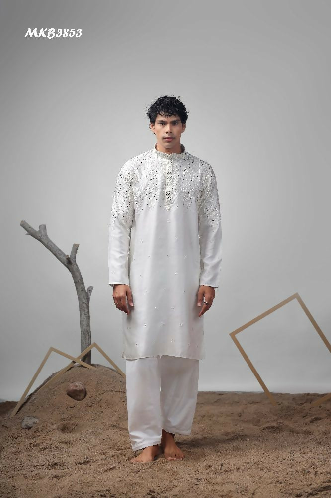 White Greek Satin Heavy Embroidery Work Kurta Set - Mahotsav