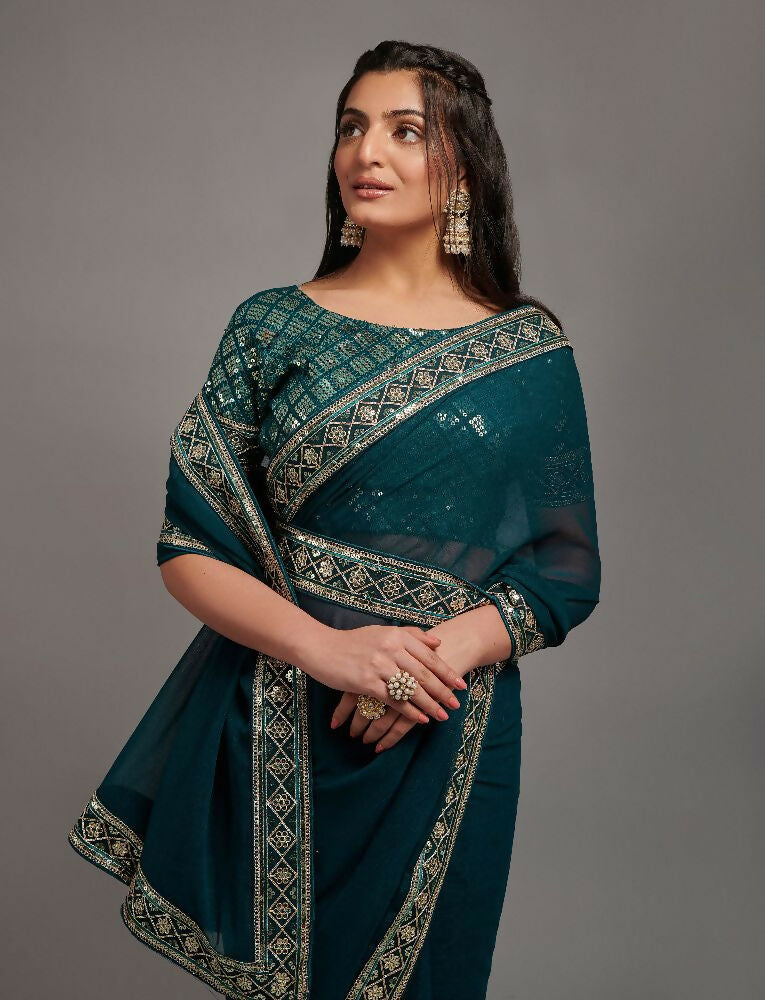 PR Fashion Petrol Zometo Embroidery Lace Saree