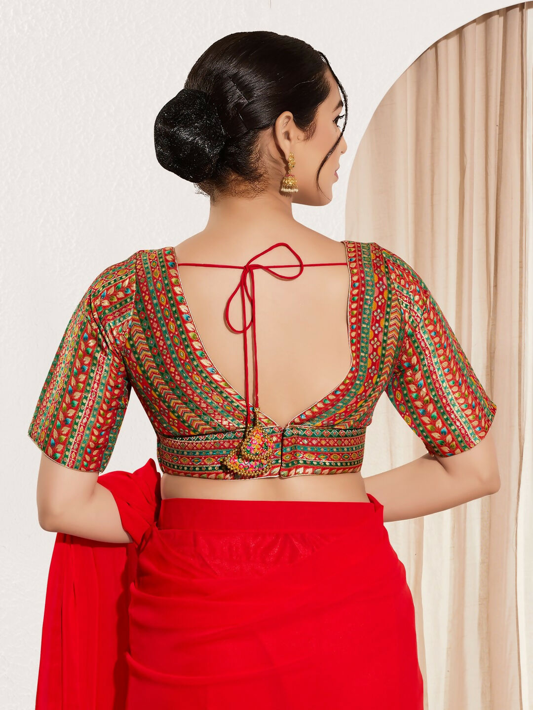 Joban Fashion Red Multi Brocade Padded Blouse With V Neck Elbow Sleeves
