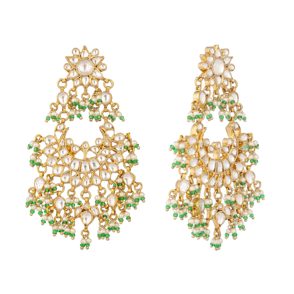 Nuyug 22K Gold-Plated Kundan & Pearl Studded Crescent Shaped Green Beads Chandbalis