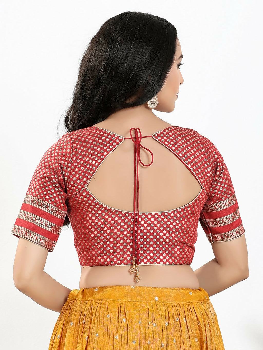 Joban Fashion Maroon Brocade Padded Blouse With Round Neck Elbow Sleeves
