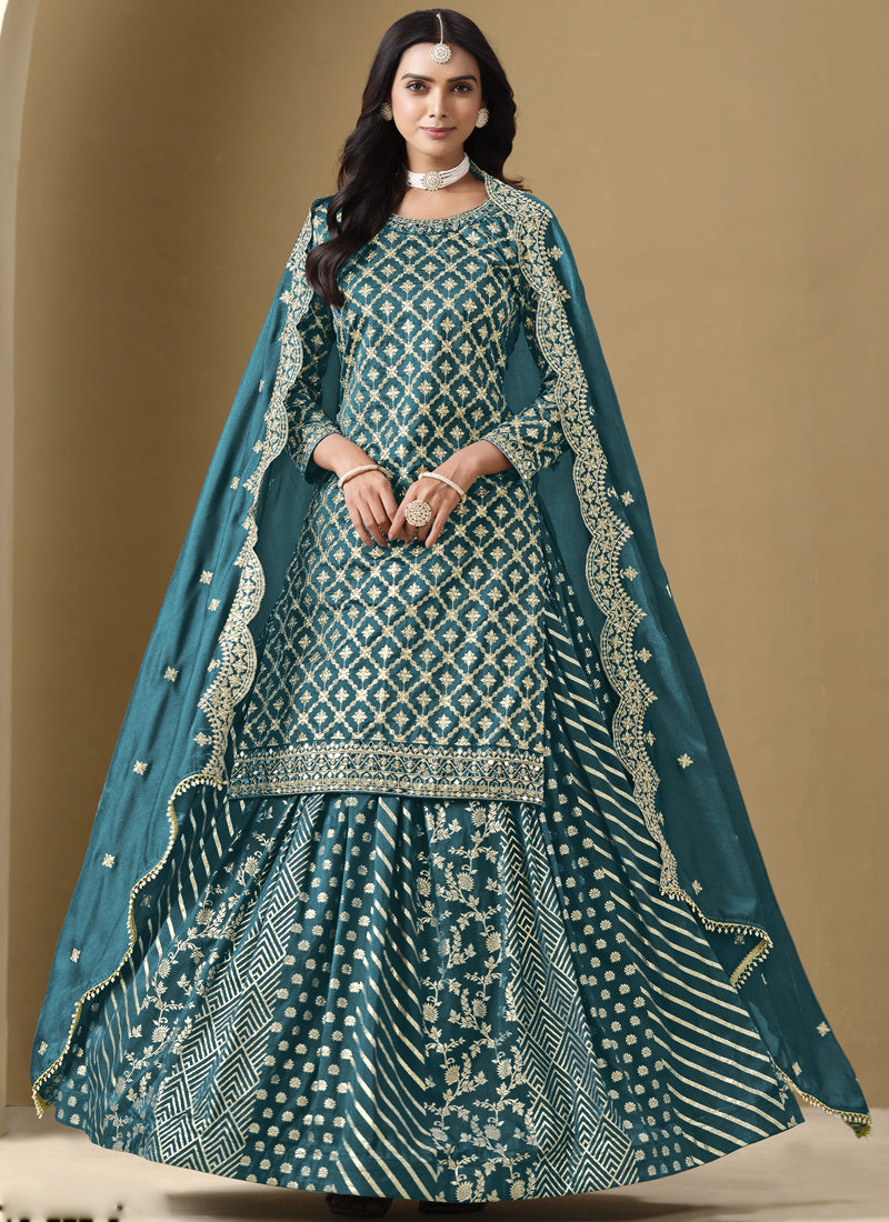 Vegaa Fashion Turquoise Art Silk Embroidered Lehenga Style Suit