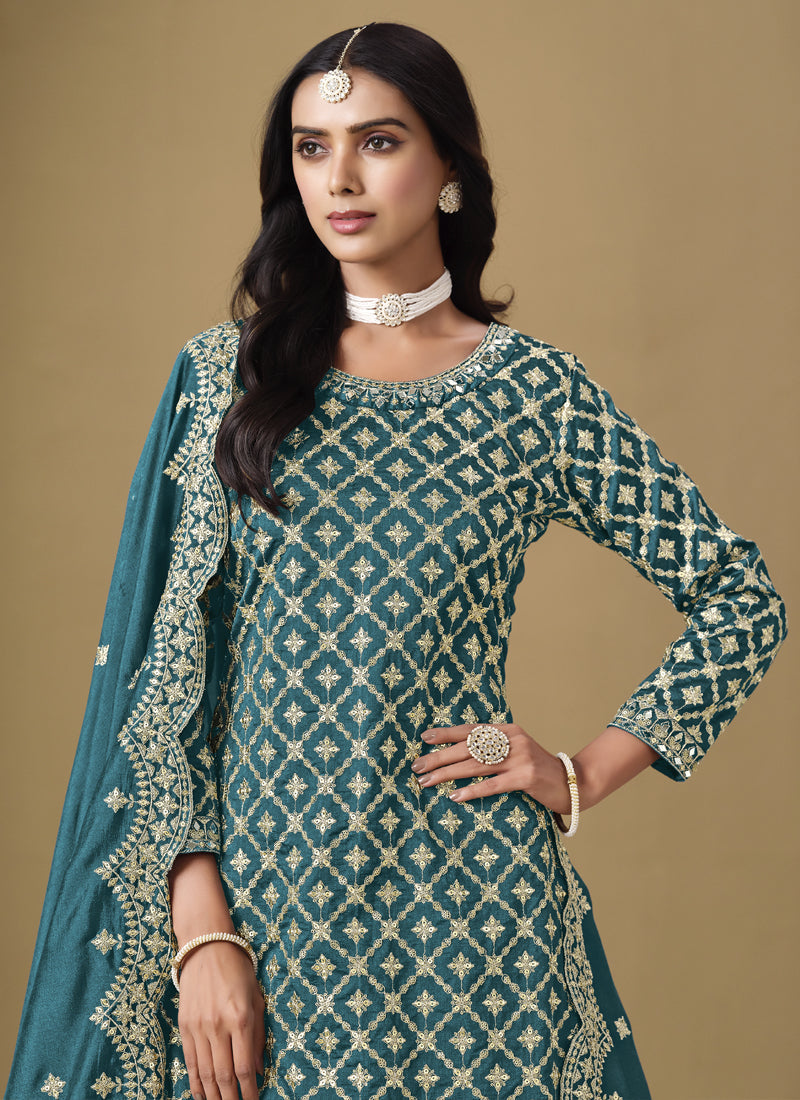 Vegaa Fashion Turquoise Art Silk Embroidered Lehenga Style Suit