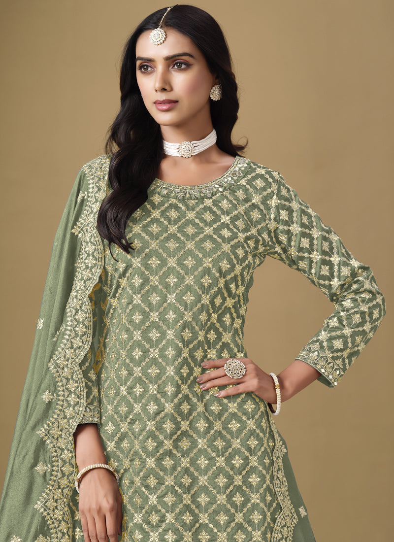 Vegaa Fashion Light Green Art Silk Embroidered Lehenga Style Suit