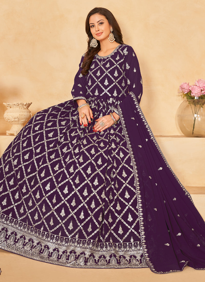 Vegaa Fashion Designer Purple Faux Georgette Embroidery Anarkali Suit