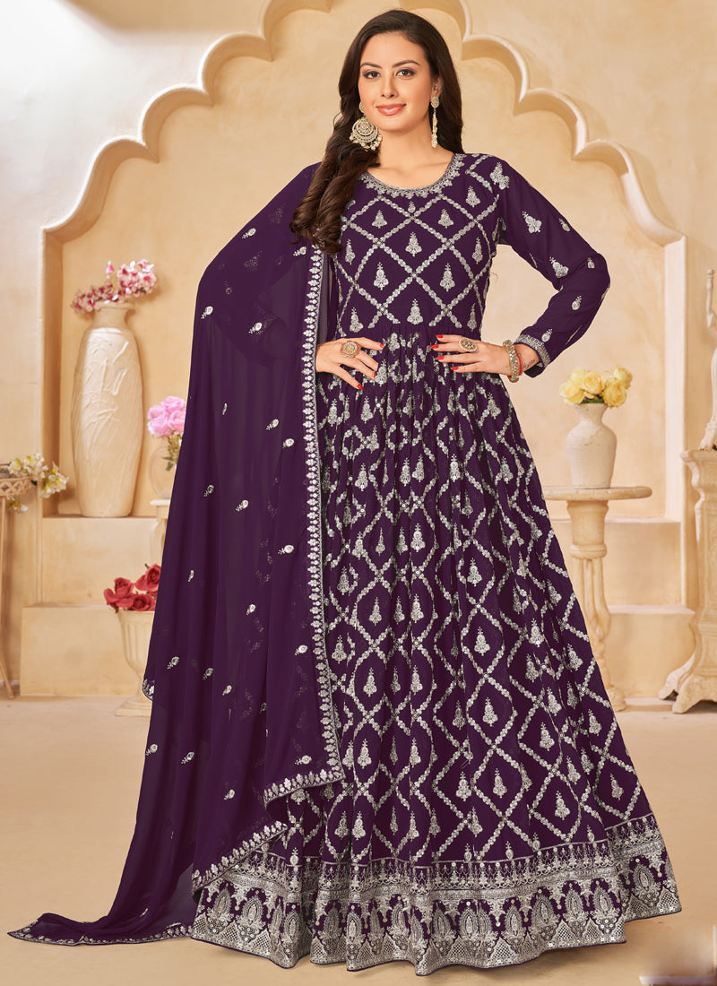 Vegaa Fashion Designer Purple Faux Georgette Embroidery Anarkali Suit