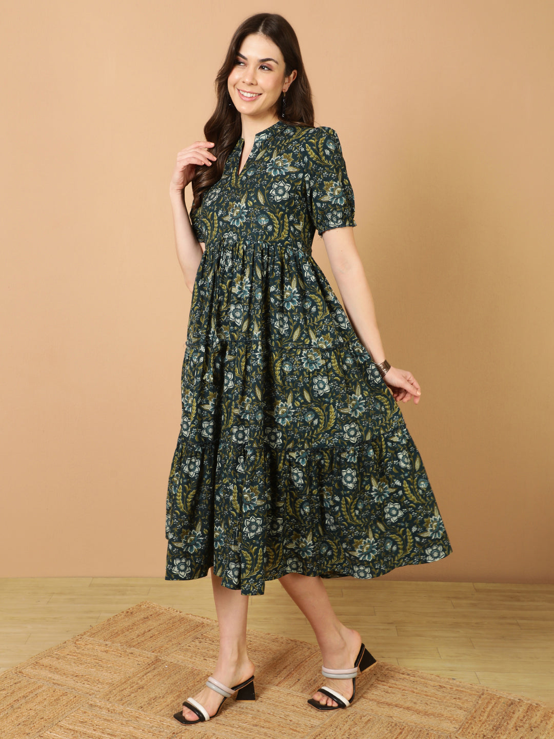 Antaran Blue Pure Cotton Tiered Printed Dress