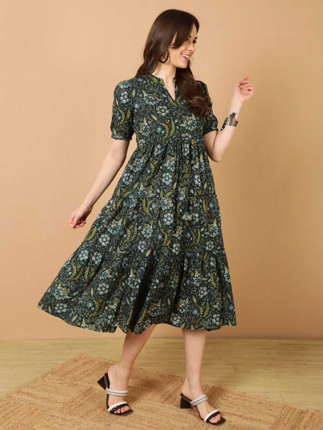 Antaran Blue Pure Cotton Tiered Printed Dress
