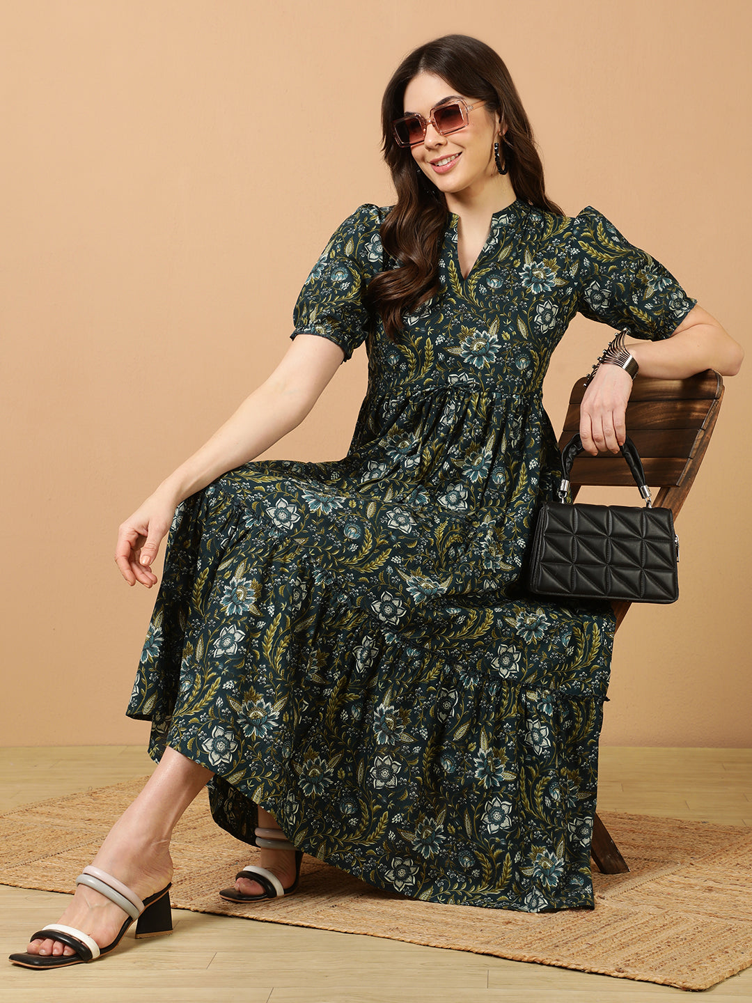 Antaran Blue Pure Cotton Tiered Printed Dress