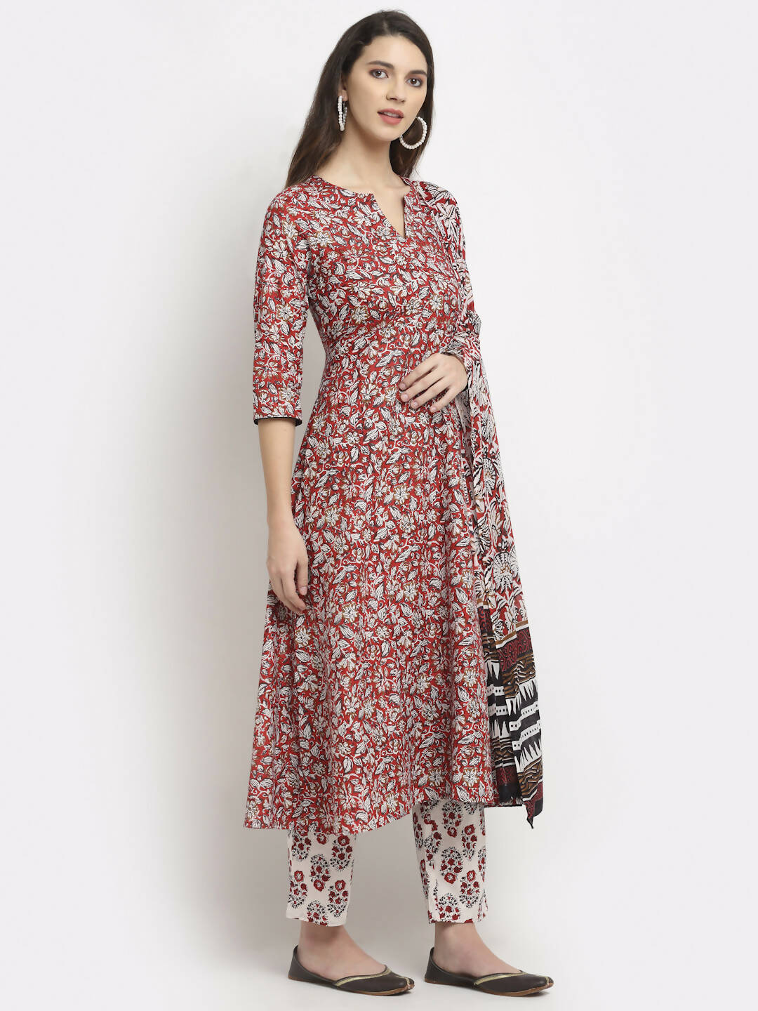 Rudra Bazaar Leaf Printed Anarkali Red Suit Set With Dupatta
