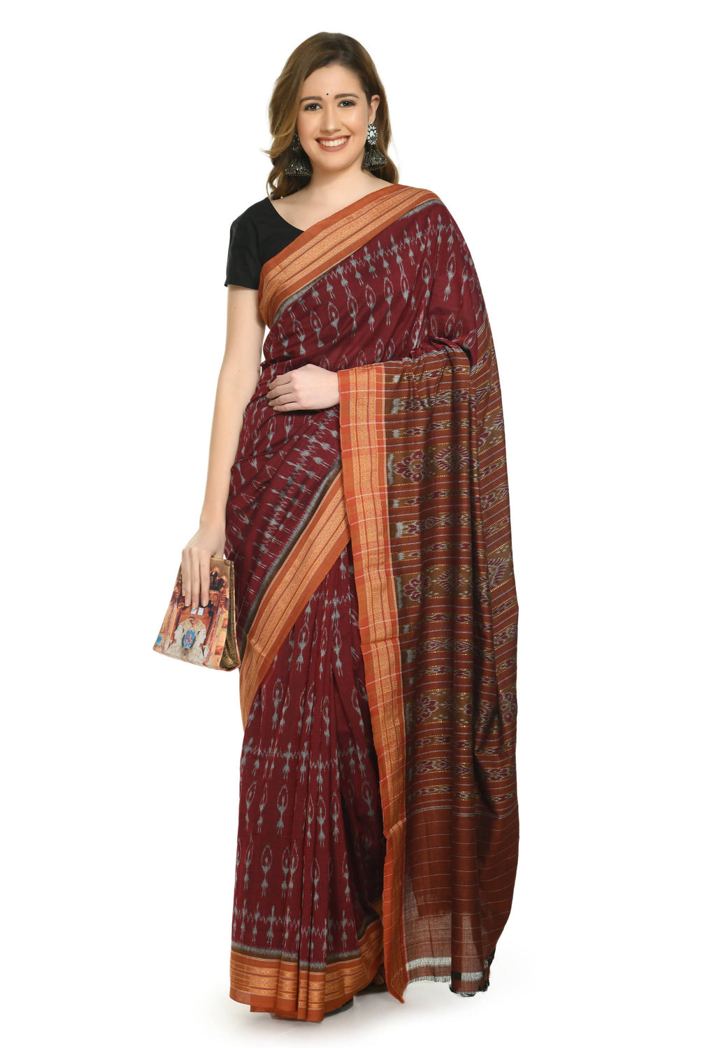 Vamika Sambalpuri Ikat Cotton Dehabandha Black & Maroon Saree