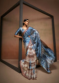 Blue Satin Digital Printed Saree with Unstitched Blouse Piece - Jodha
