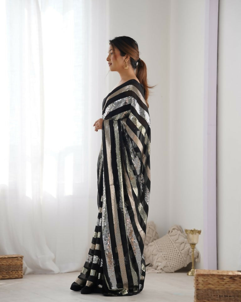 Black Georgette Sequance Embroidery Work Border Saree - Sitare