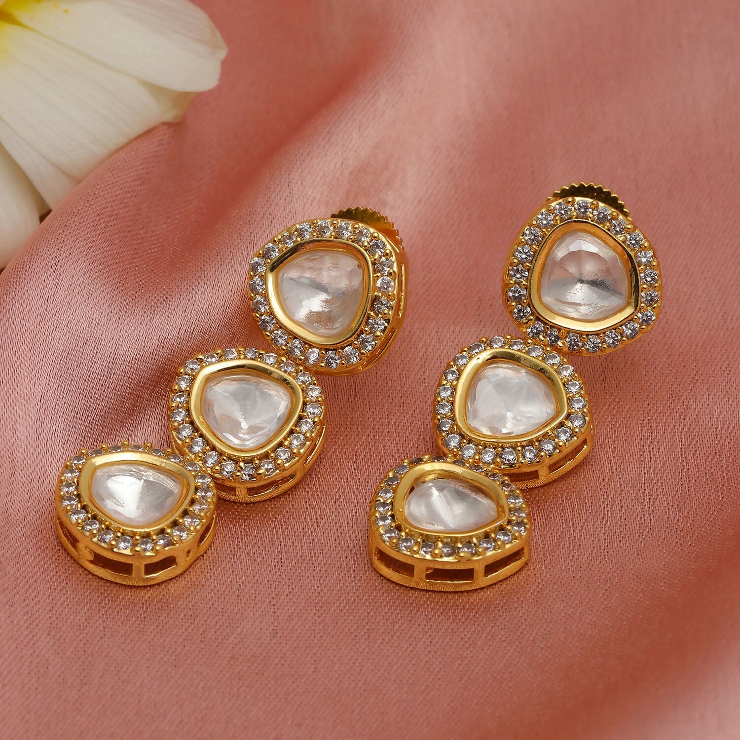 Uncut 3 Tier Kundan Dangler Earrings (Gold) - Ruby Raang